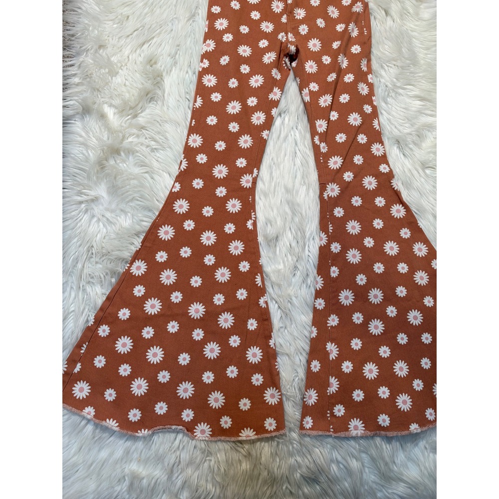 Altar'd State Women's Size XS Bell Bottom Flare Jeans Orange Rust Daisy Floral - Picture 4 of 12